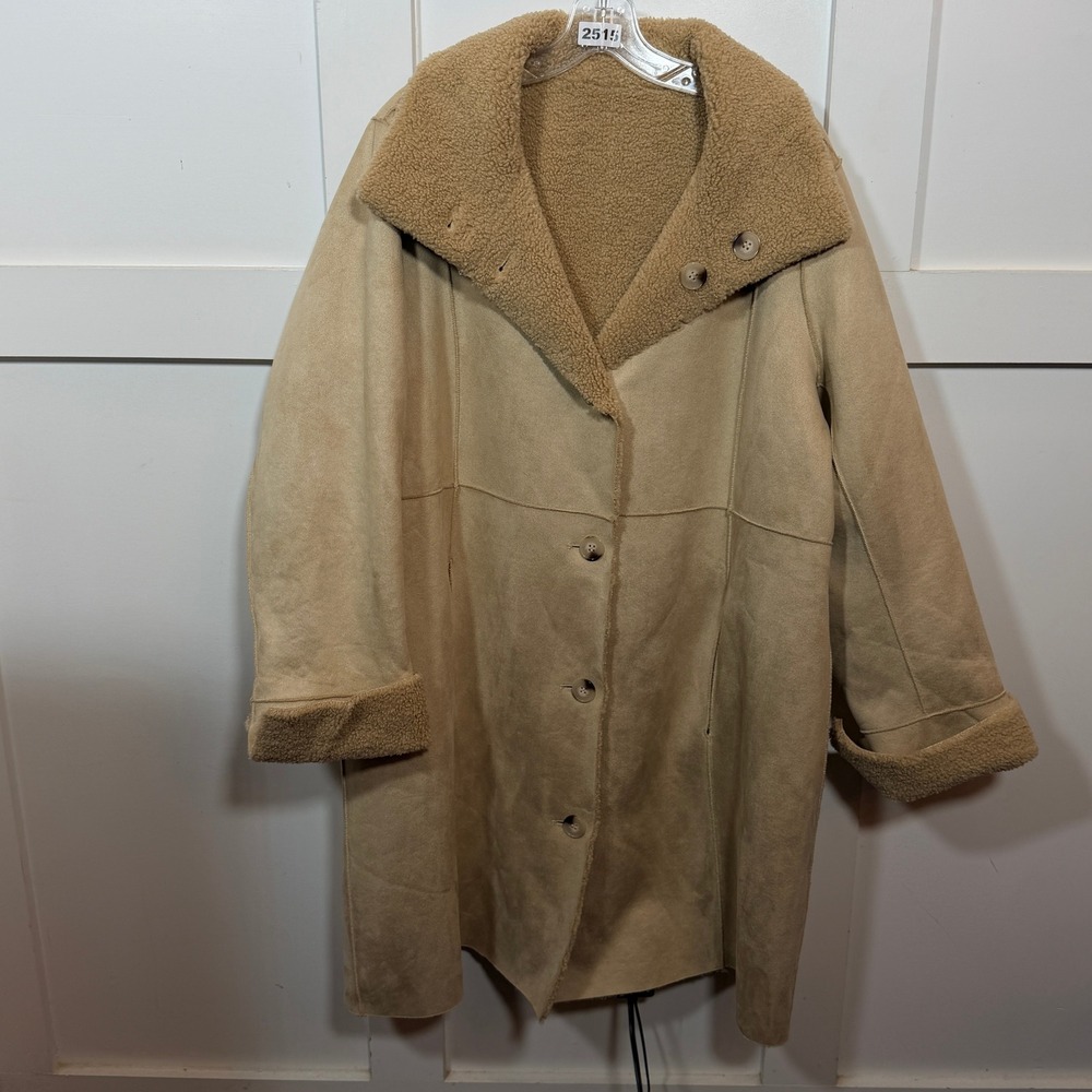 Coldwater Creek Faux Suede Shearling Coat Womens XL Tan Beige Jacket 605832